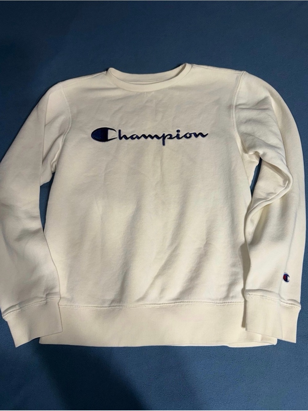 Champion Off-White Sweatshirt with Navy Embroidered Logo